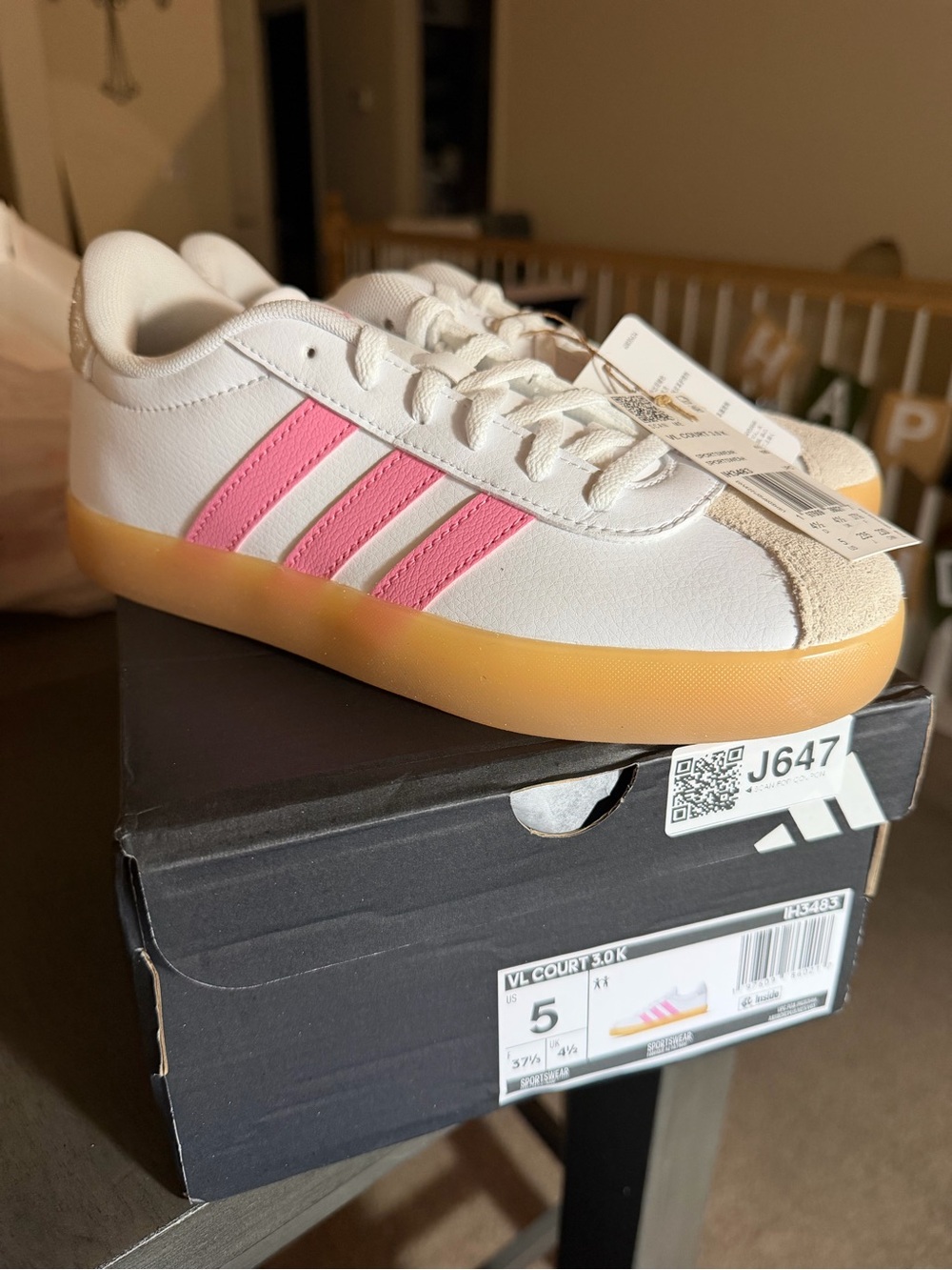 Adidas Kids VL Court 3.0 White Sneakers with Pink Stripes